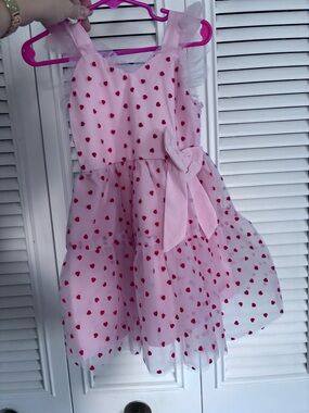 Pink Heart Print Tulle Dress with Bow